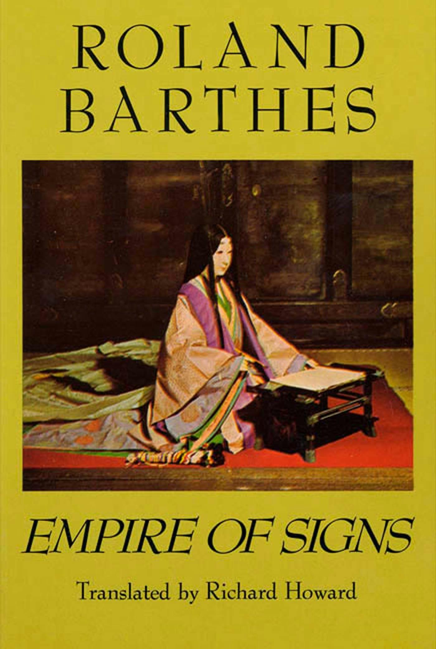 A cover of Barthes's "Empire of Signs," featuring a Japanese woman at a writing desk.
